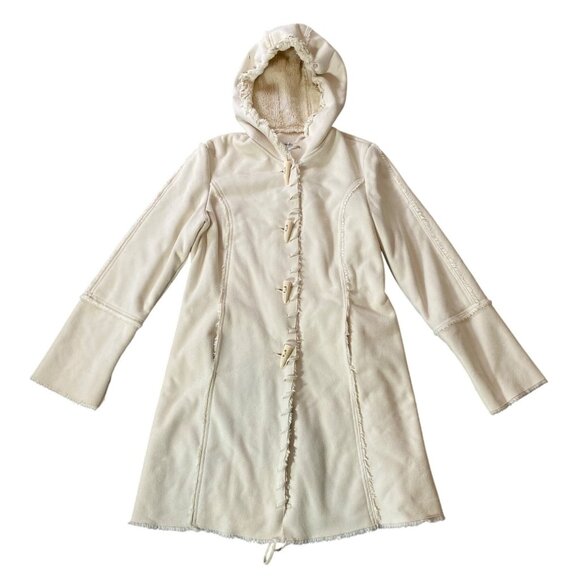 Coldwater Creek Faux Suede & Sherpa Coat Hood Toggle Closure Cream Medium - Picture 1 of 12